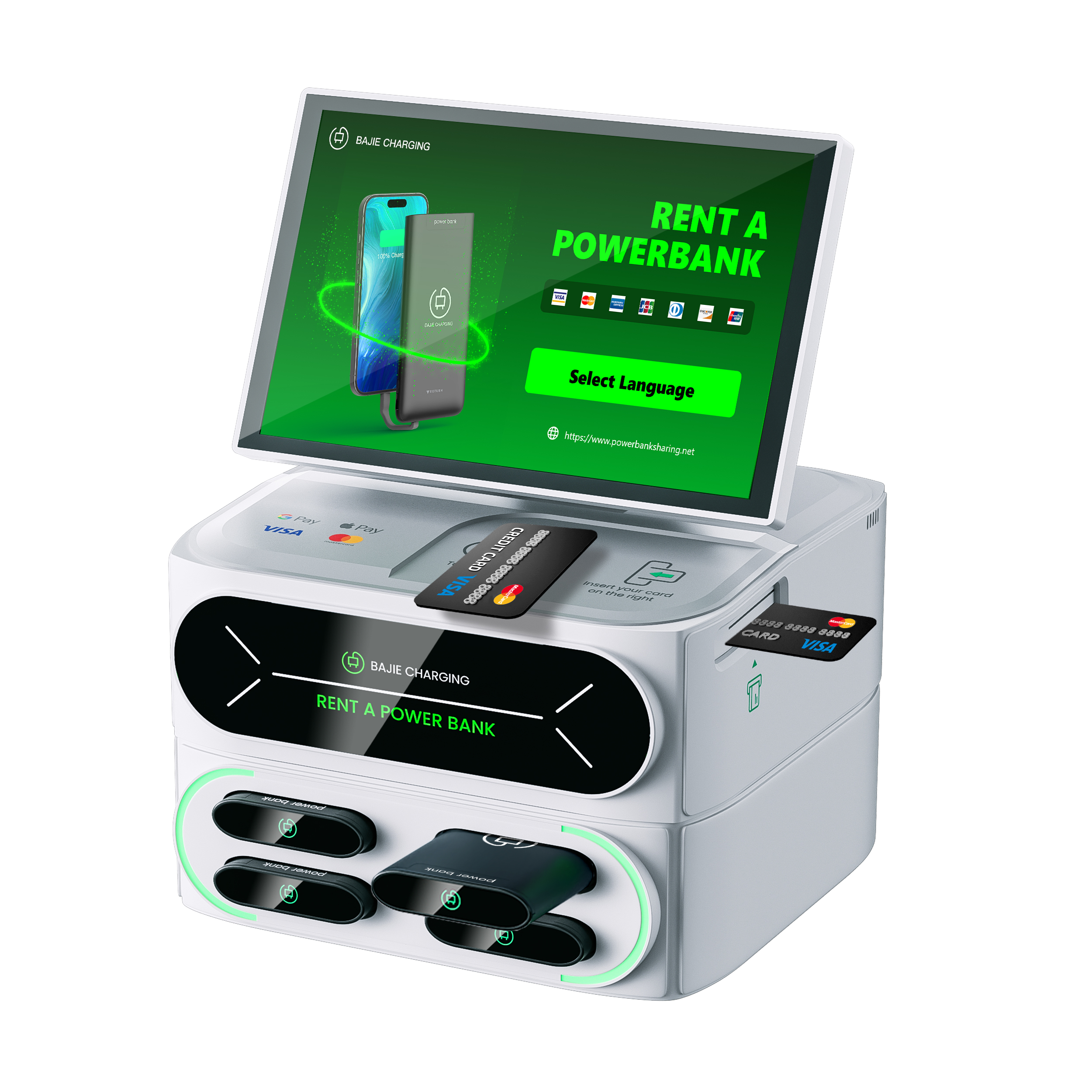 With a stacked credit card rental machine charging cabinet that can be selected with a touchscreen, increasing software interaction customization options, and supporting multiple POS built-in methods.